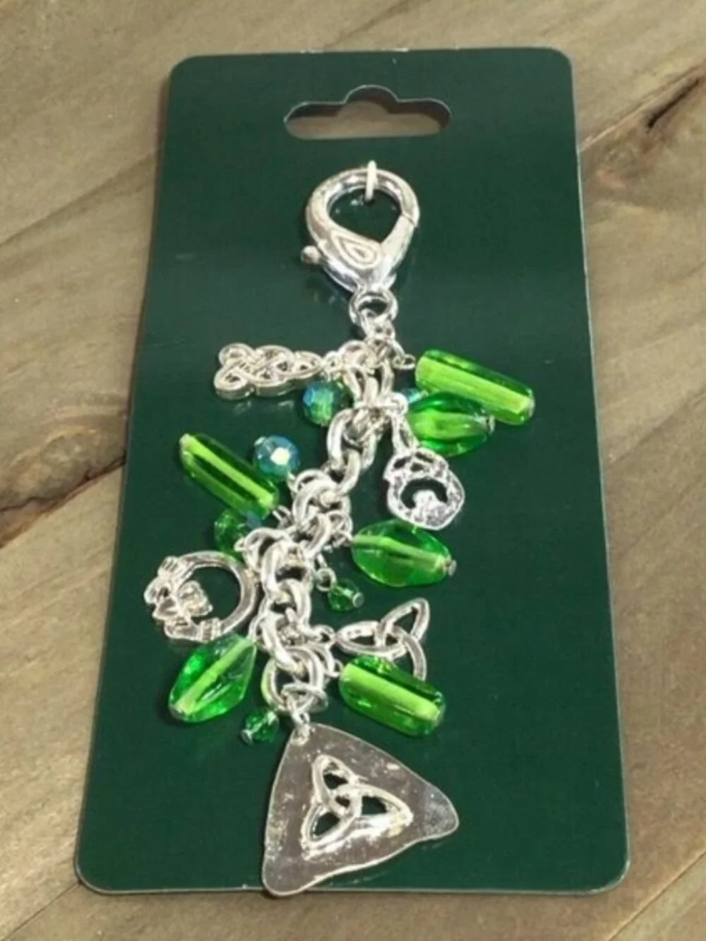 Disney Parks Merch Celtic Knot Keychain Zipper Pull Silver Tone Green Beaded